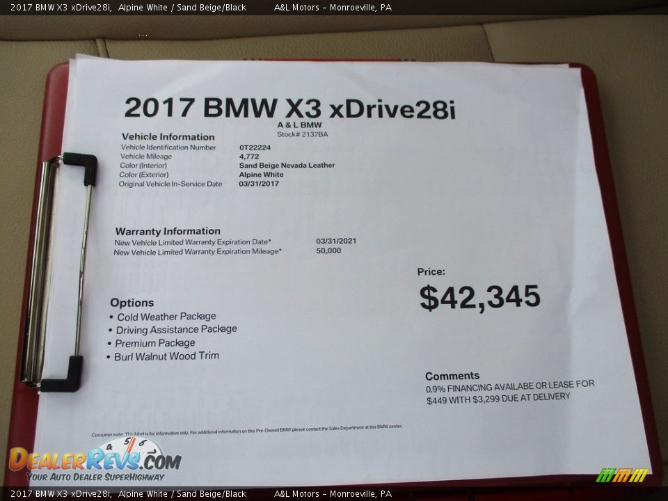 2017 BMW X3 xDrive28i Alpine White / Sand Beige/Black Photo #11