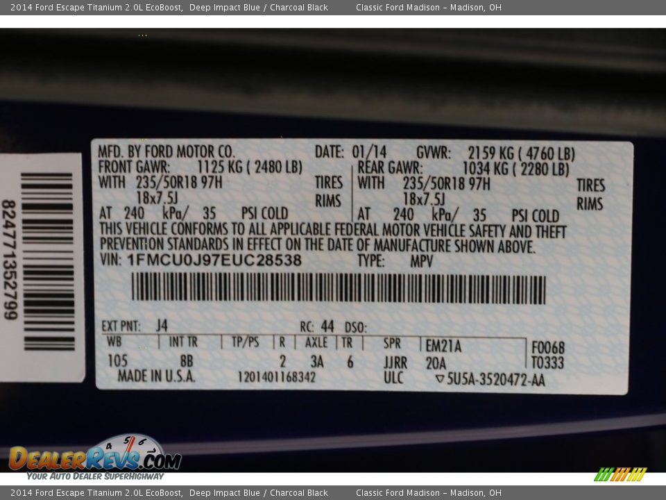 2014 Ford Escape Titanium 2.0L EcoBoost Deep Impact Blue / Charcoal Black Photo #20