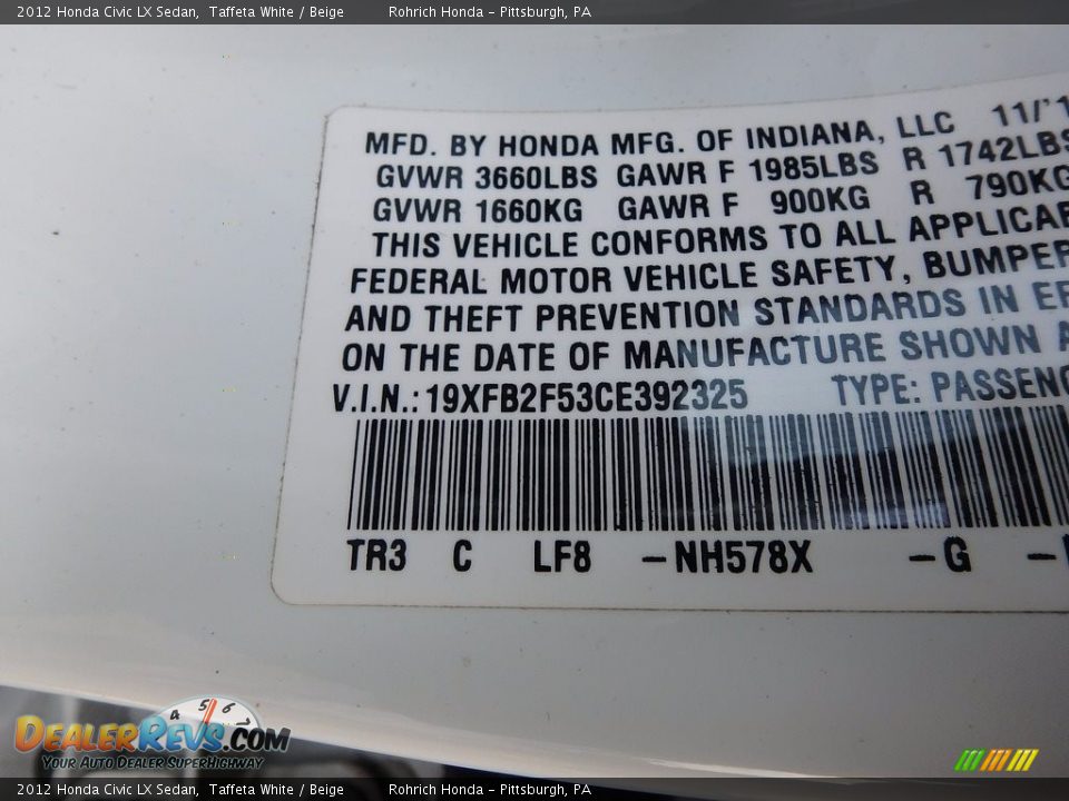 2012 Honda Civic LX Sedan Taffeta White / Beige Photo #27