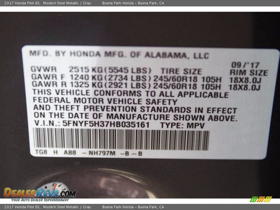 2017 Honda Pilot EX Modern Steel Metallic / Gray Photo #19