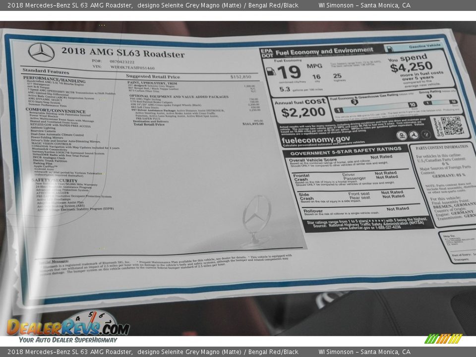 2018 Mercedes-Benz SL 63 AMG Roadster Window Sticker Photo #17
