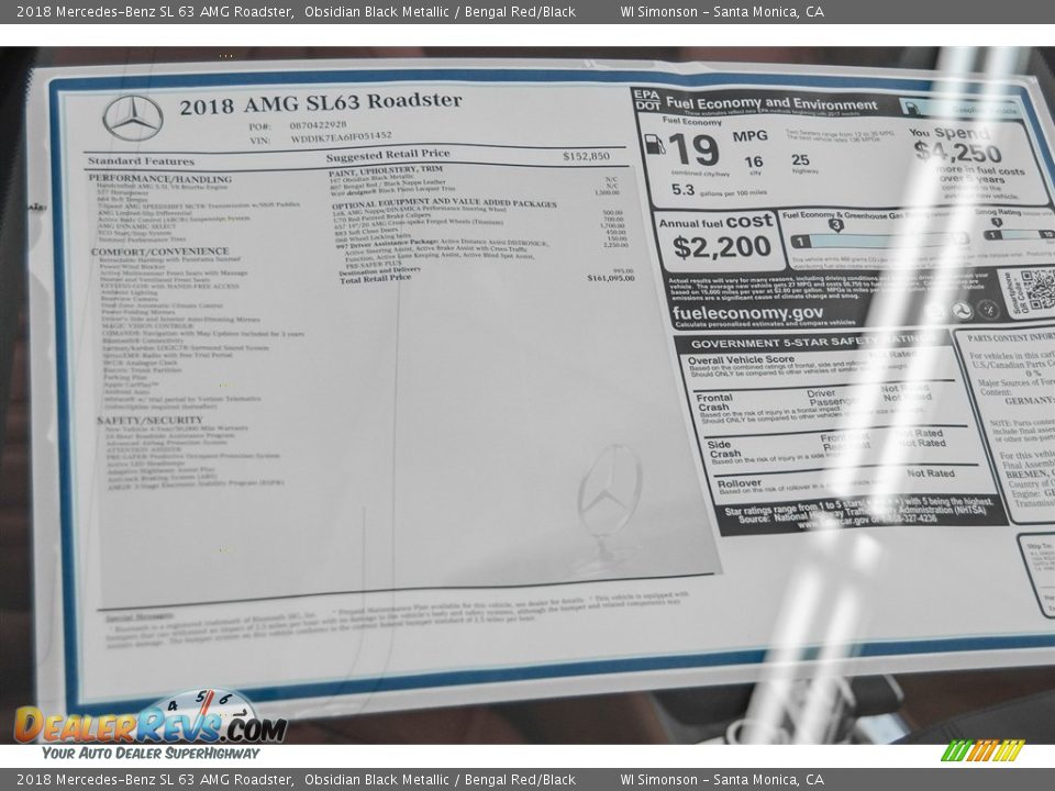 2018 Mercedes-Benz SL 63 AMG Roadster Window Sticker Photo #13