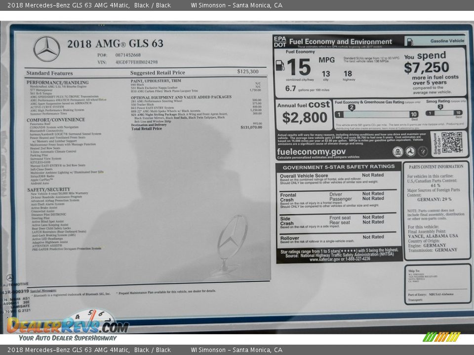 2018 Mercedes-Benz GLS 63 AMG 4Matic Window Sticker Photo #13