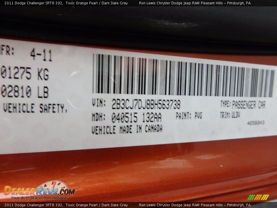 2011 Dodge Challenger SRT8 392 Toxic Orange Pearl / Dark Slate Gray Photo #15