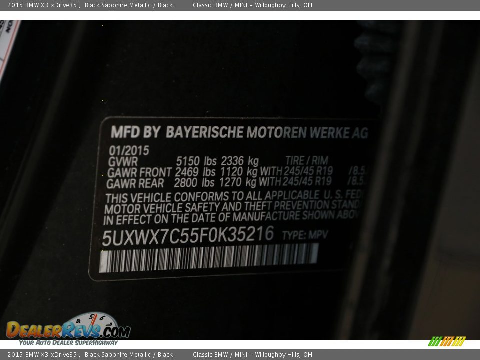 2015 BMW X3 xDrive35i Black Sapphire Metallic / Black Photo #20