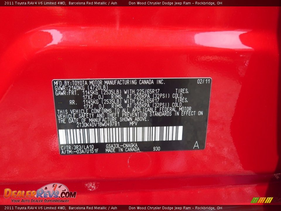 2011 Toyota RAV4 V6 Limited 4WD Barcelona Red Metallic / Ash Photo #34