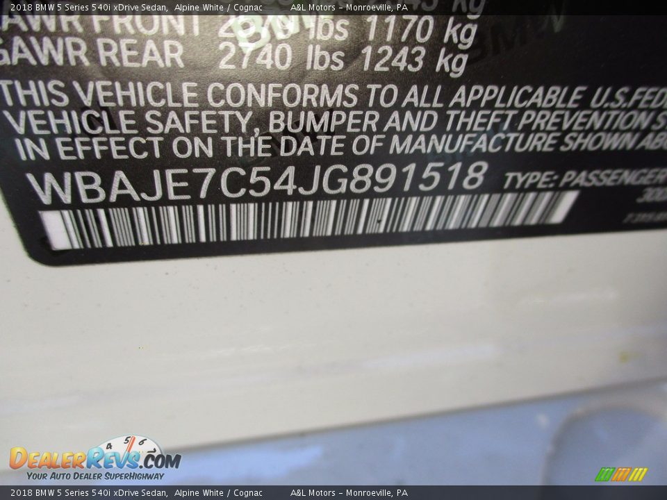 2018 BMW 5 Series 540i xDrive Sedan Alpine White / Cognac Photo #19