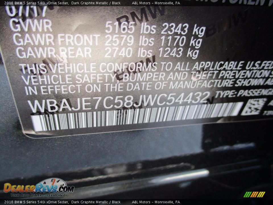 2018 BMW 5 Series 540i xDrive Sedan Dark Graphite Metallic / Black Photo #19