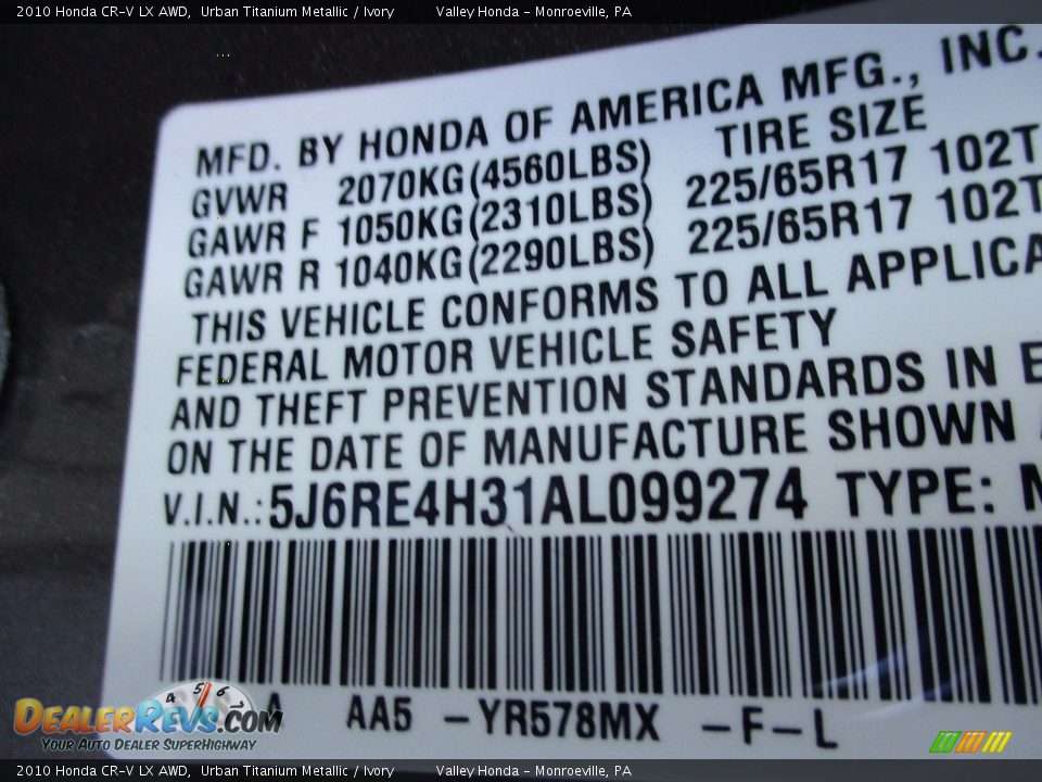 2010 Honda CR-V LX AWD Urban Titanium Metallic / Ivory Photo #19