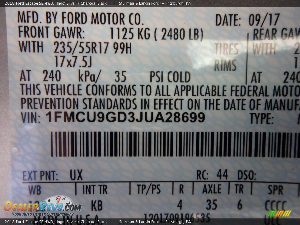2018 Ford Escape SE 4WD Ingot Silver / Charcoal Black Photo #10