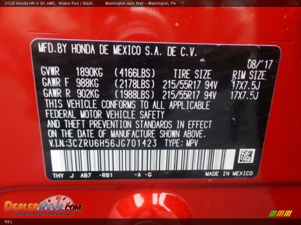 Honda Color Code R81 Milano Red