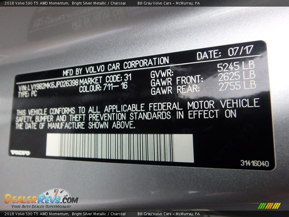 2018 Volvo S90 T5 AWD Momentum Bright Silver Metallic / Charcoal Photo #11