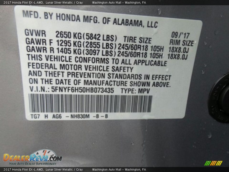 2017 Honda Pilot EX-L AWD Lunar Silver Metallic / Gray Photo #8