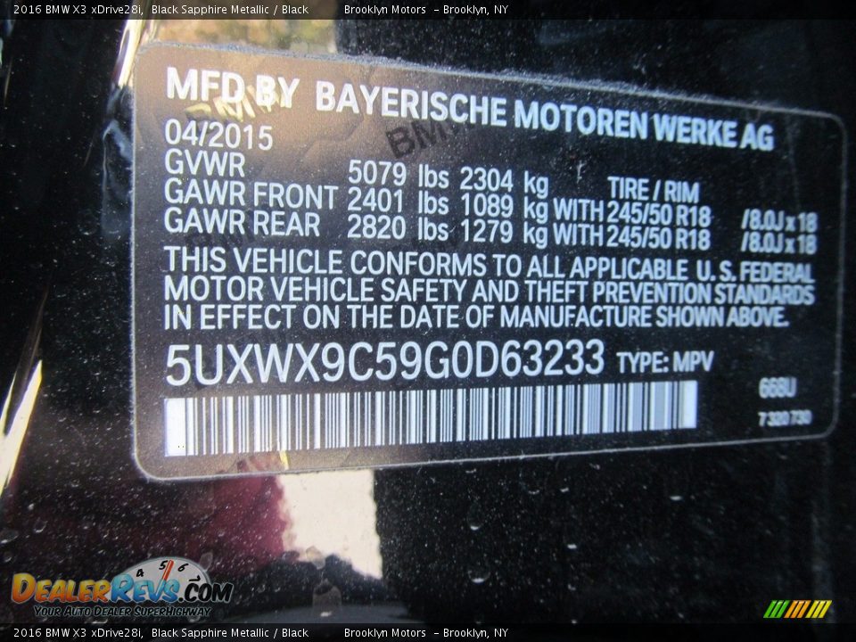 2016 BMW X3 xDrive28i Black Sapphire Metallic / Black Photo #34