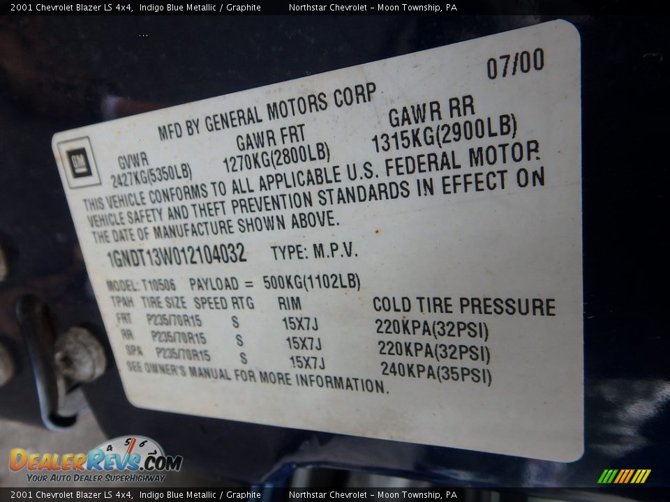 2001 Chevrolet Blazer LS 4x4 Indigo Blue Metallic / Graphite Photo #14