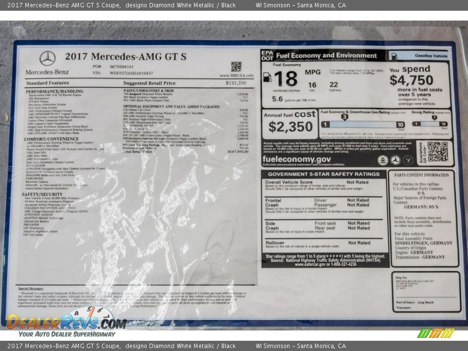 2017 Mercedes-Benz AMG GT S Coupe Window Sticker Photo #12
