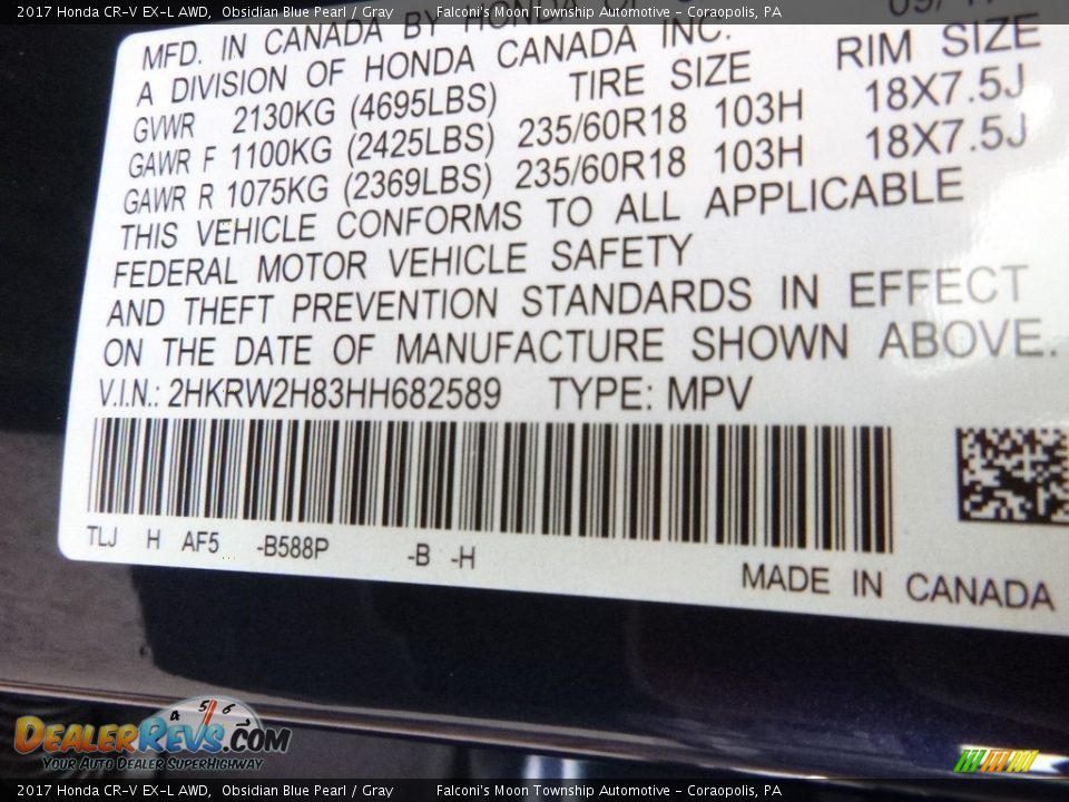 2017 Honda CR-V EX-L AWD Obsidian Blue Pearl / Gray Photo #12