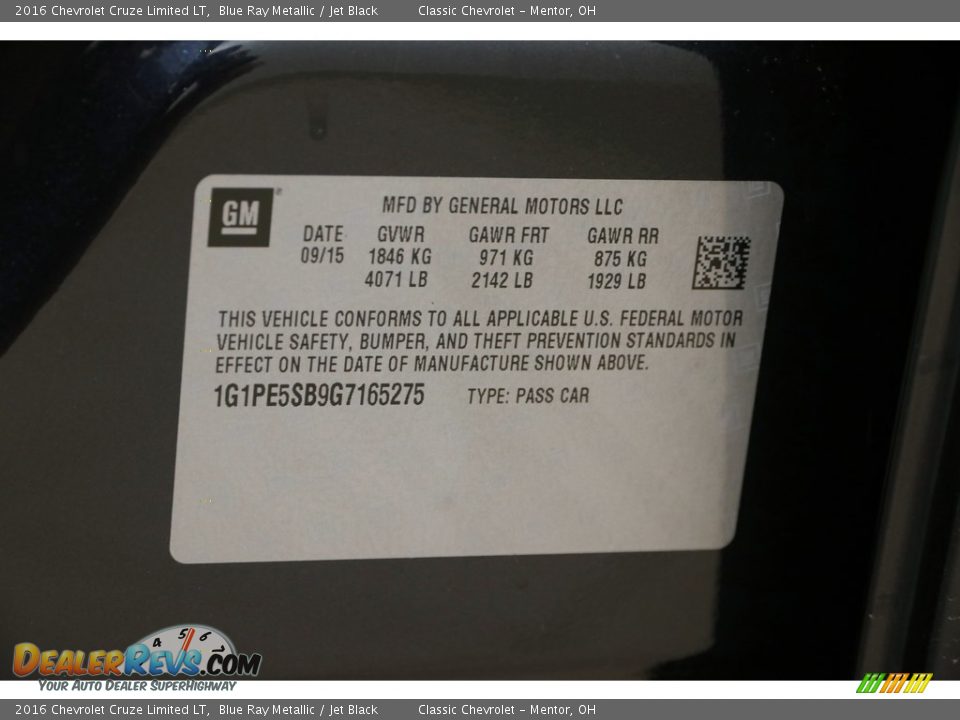 2016 Chevrolet Cruze Limited LT Blue Ray Metallic / Jet Black Photo #17