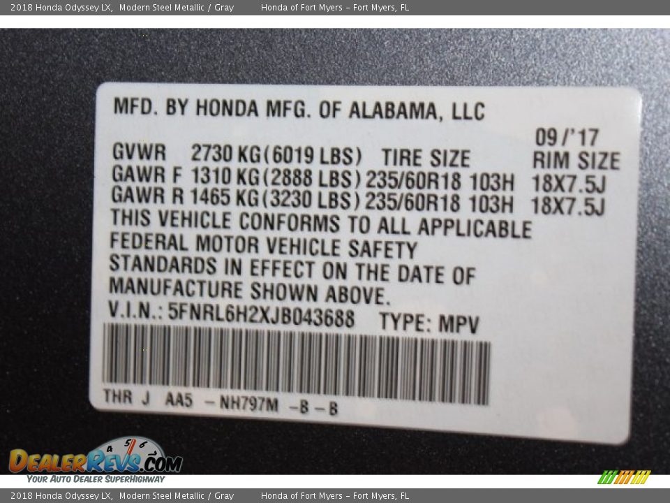 2018 Honda Odyssey LX Modern Steel Metallic / Gray Photo #25