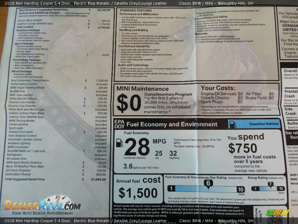 2018 Mini Hardtop Cooper S 4 Door Window Sticker Photo #6