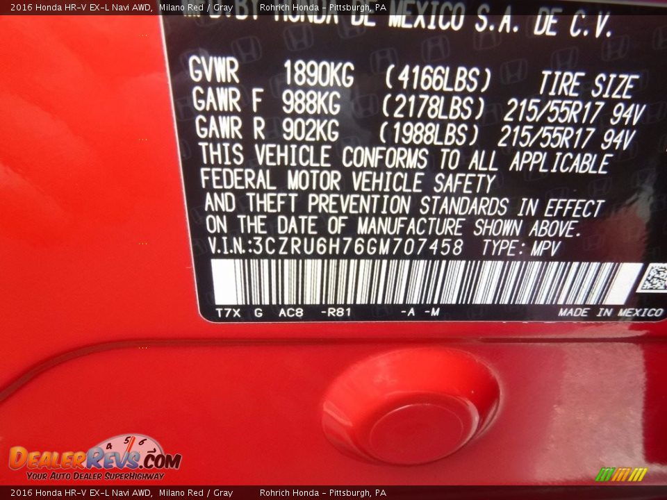 2016 Honda HR-V EX-L Navi AWD Milano Red / Gray Photo #27
