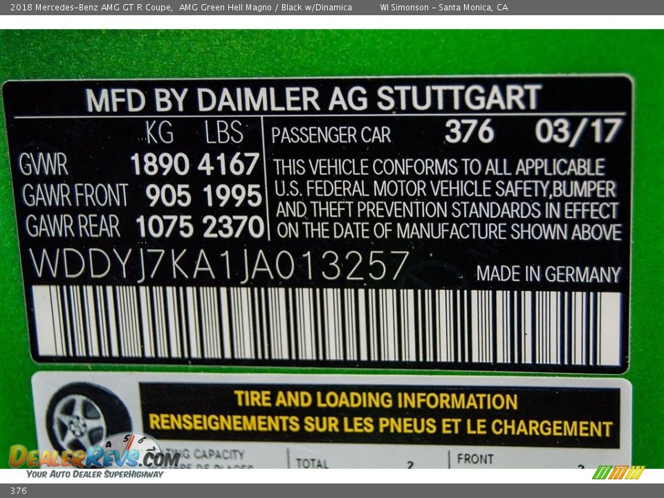 Mercedes-Benz Color Code 376 AMG Green Hell Magno