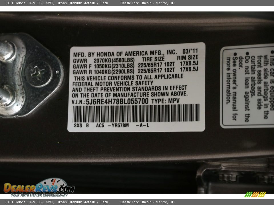 2011 Honda CR-V EX-L 4WD Urban Titanium Metallic / Black Photo #15