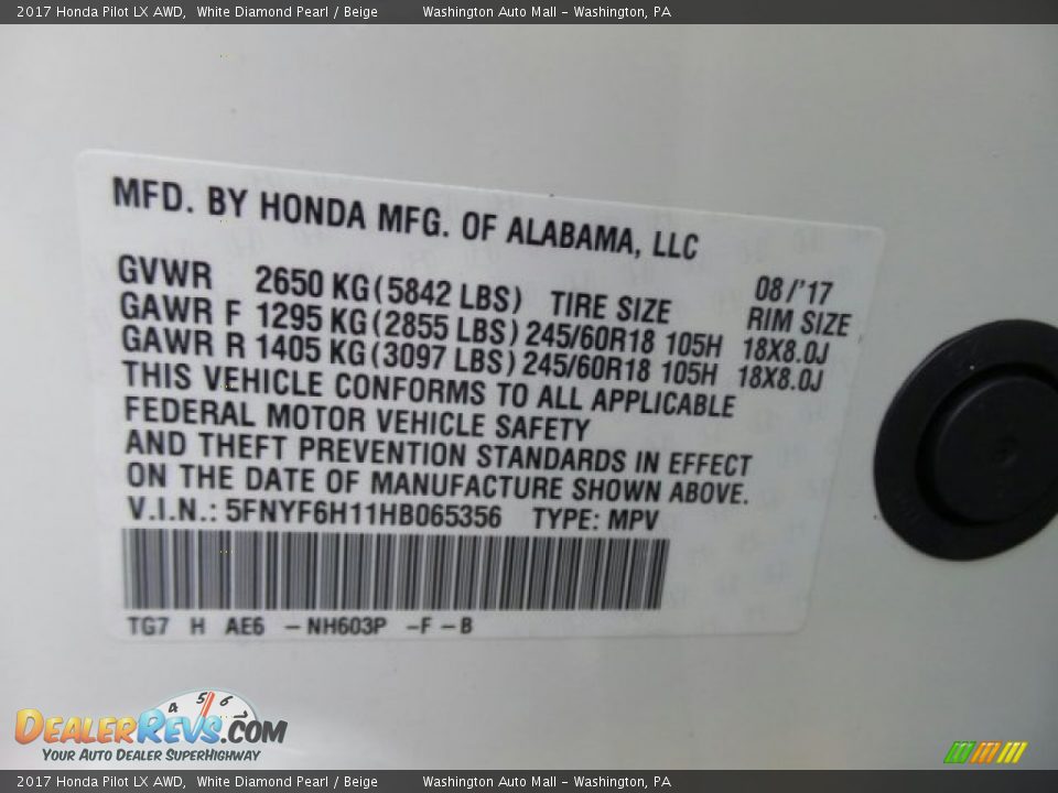 2017 Honda Pilot LX AWD White Diamond Pearl / Beige Photo #8