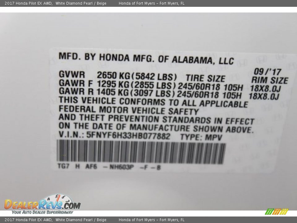 2017 Honda Pilot EX AWD White Diamond Pearl / Beige Photo #26