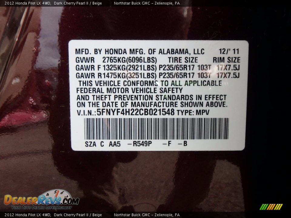 2012 Honda Pilot LX 4WD Dark Cherry Pearl II / Beige Photo #22