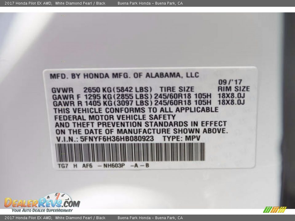 2017 Honda Pilot EX AWD White Diamond Pearl / Black Photo #8