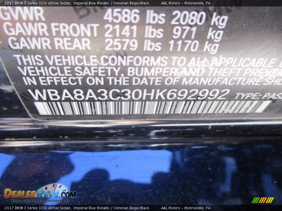 2017 BMW 3 Series 320i xDrive Sedan Imperial Blue Metallic / Venetian Beige/Black Photo #19