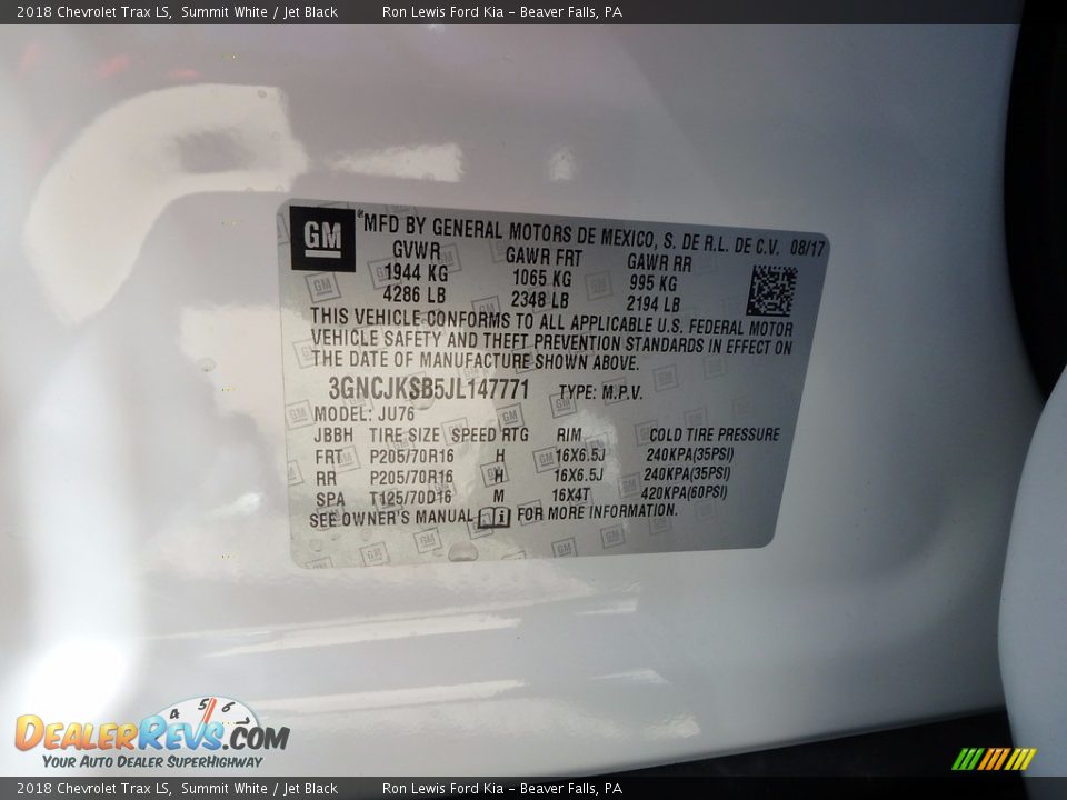 2018 Chevrolet Trax LS Summit White / Jet Black Photo #16