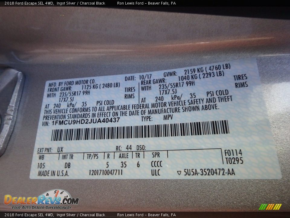 2018 Ford Escape SEL 4WD Ingot Silver / Charcoal Black Photo #15