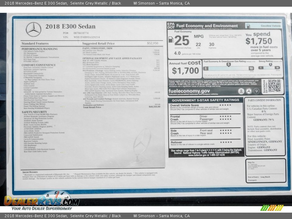 2018 Mercedes-Benz E 300 Sedan Selenite Grey Metallic / Black Photo #11