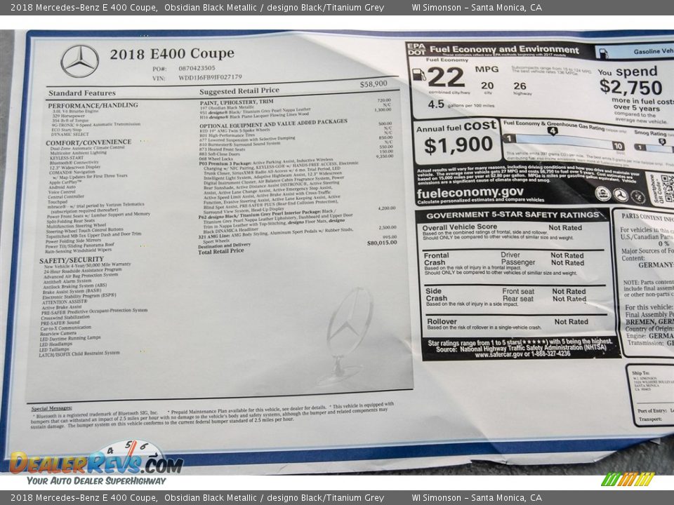 2018 Mercedes-Benz E 400 Coupe Window Sticker Photo #11