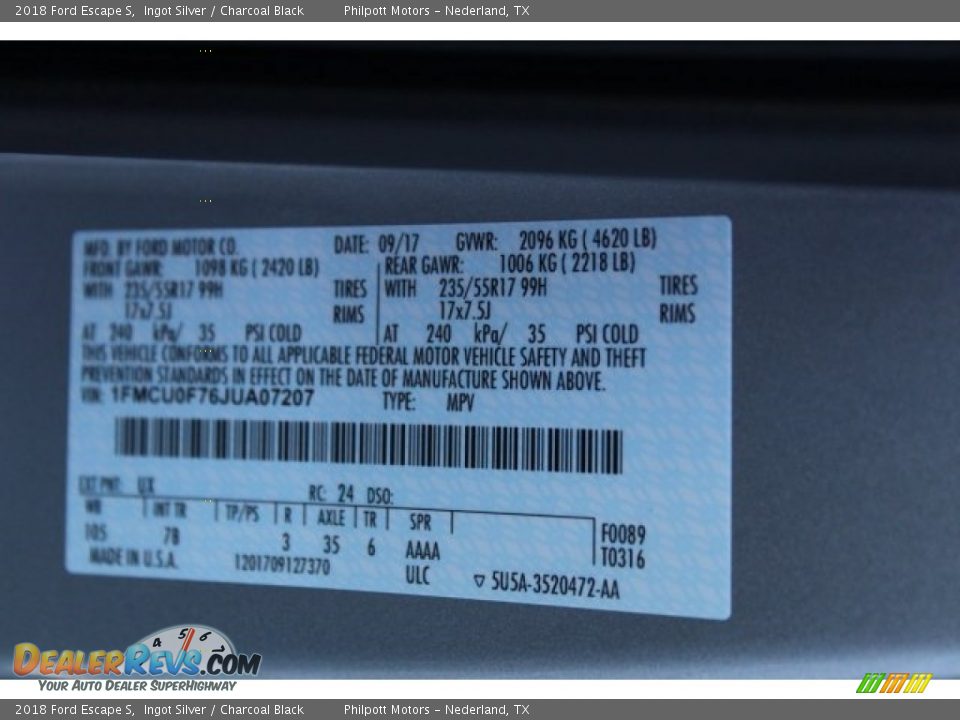 2018 Ford Escape S Ingot Silver / Charcoal Black Photo #25