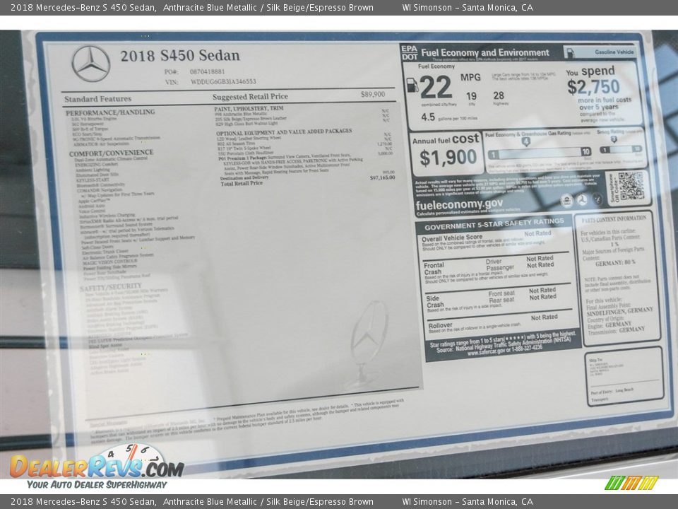 2018 Mercedes-Benz S 450 Sedan Window Sticker Photo #11