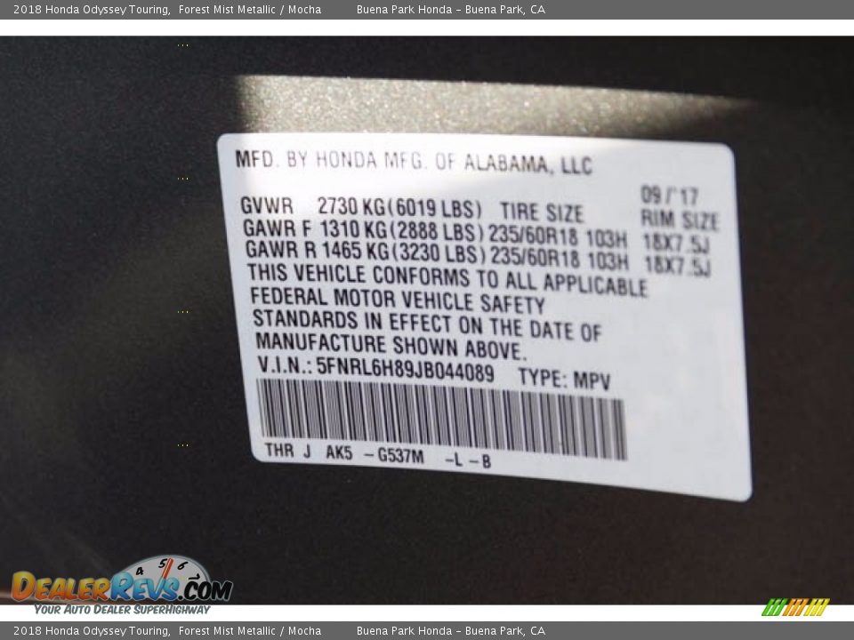 2018 Honda Odyssey Touring Forest Mist Metallic / Mocha Photo #21