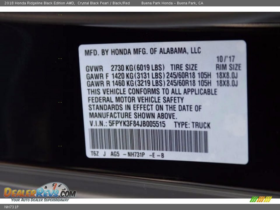 Honda Color Code NH731P Crystal Black Pearl
