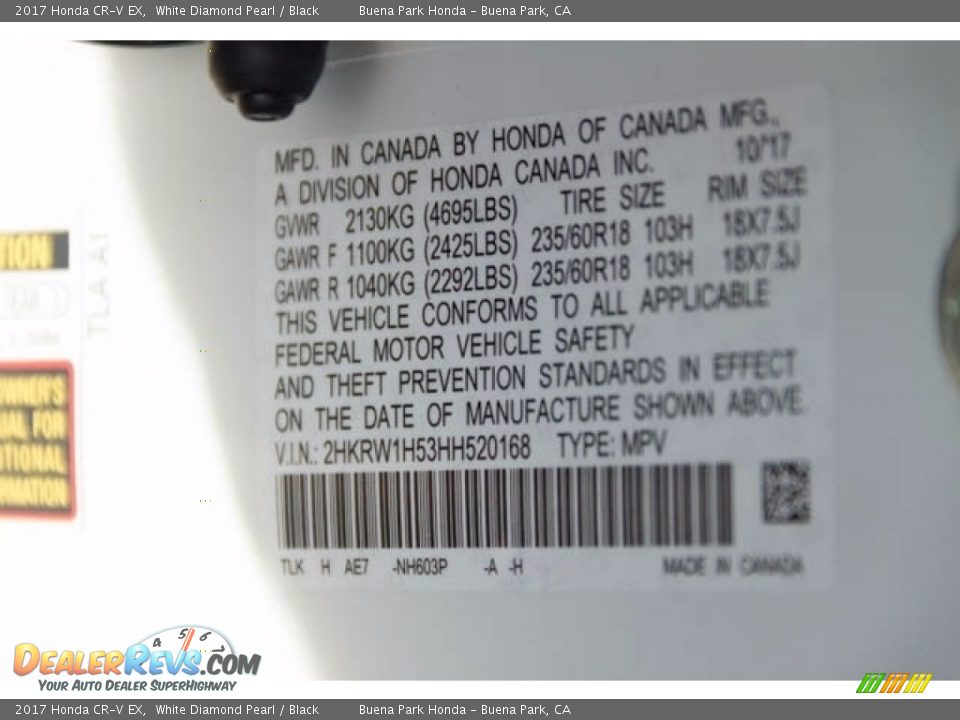 2017 Honda CR-V EX White Diamond Pearl / Black Photo #19
