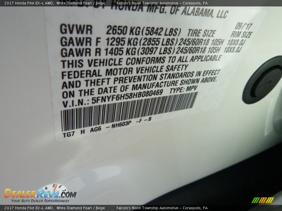 2017 Honda Pilot EX-L AWD White Diamond Pearl / Beige Photo #12