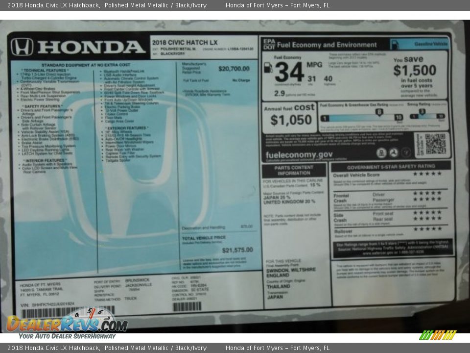 2018 Honda Civic LX Hatchback Polished Metal Metallic / Black/Ivory Photo #24