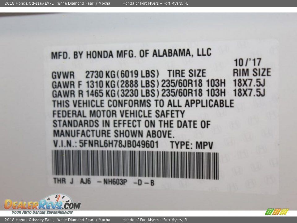 2018 Honda Odyssey EX-L White Diamond Pearl / Mocha Photo #29