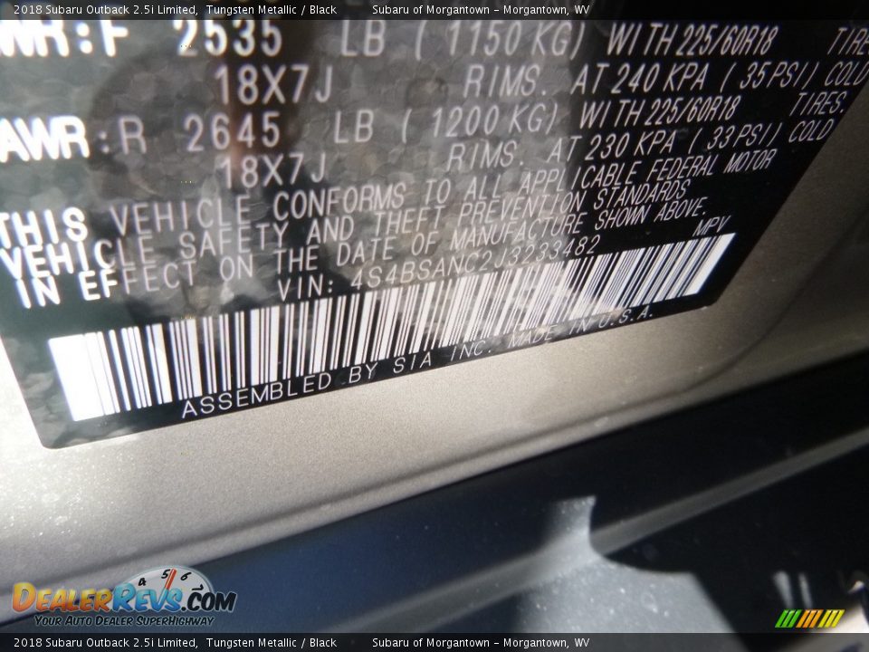 2018 Subaru Outback 2.5i Limited Tungsten Metallic / Black Photo #17