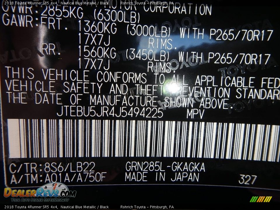 2018 Toyota 4Runner SR5 4x4 Nautical Blue Metallic / Black Photo #10