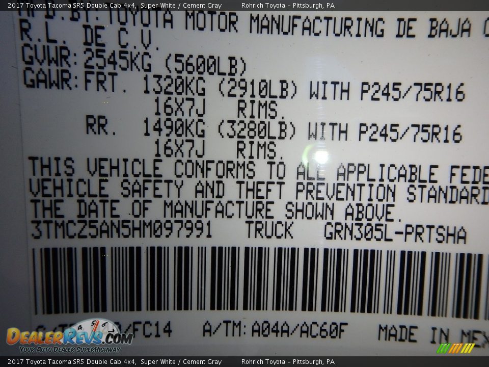 2017 Toyota Tacoma SR5 Double Cab 4x4 Super White / Cement Gray Photo #10