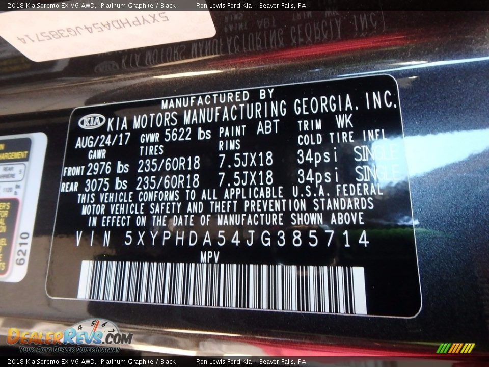 2018 Kia Sorento EX V6 AWD Platinum Graphite / Black Photo #16