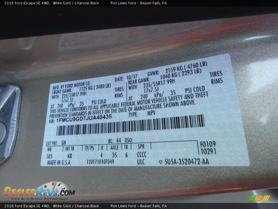 2018 Ford Escape SE 4WD White Gold / Charcoal Black Photo #15