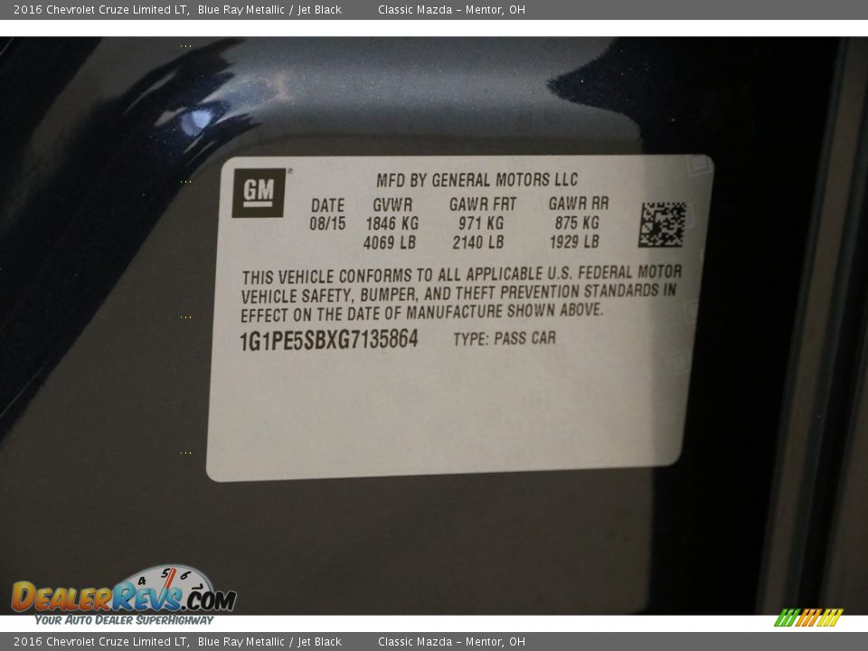 2016 Chevrolet Cruze Limited LT Blue Ray Metallic / Jet Black Photo #15